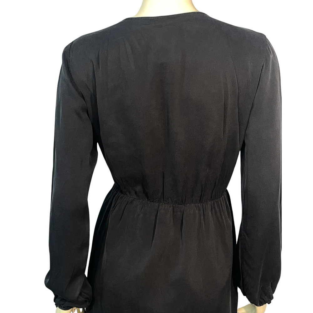 Theory Sz L Liev Wrap Dress Long Puff Sleeve V-Neck Black Cicero Silk Minimalist - Picture 6 of 9